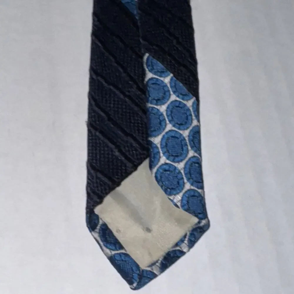 Bronzini Mens Tie Blue Jacquard Diagonal Stripe Geometric Foulard Circle Pattern